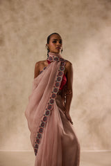Rose gold organza heavy cutwork border embroidered saree comes with unstitched & unembroidered blouse fabric in chanderi