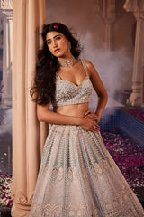 Dusty firoza velvet hand embroidered lehenga