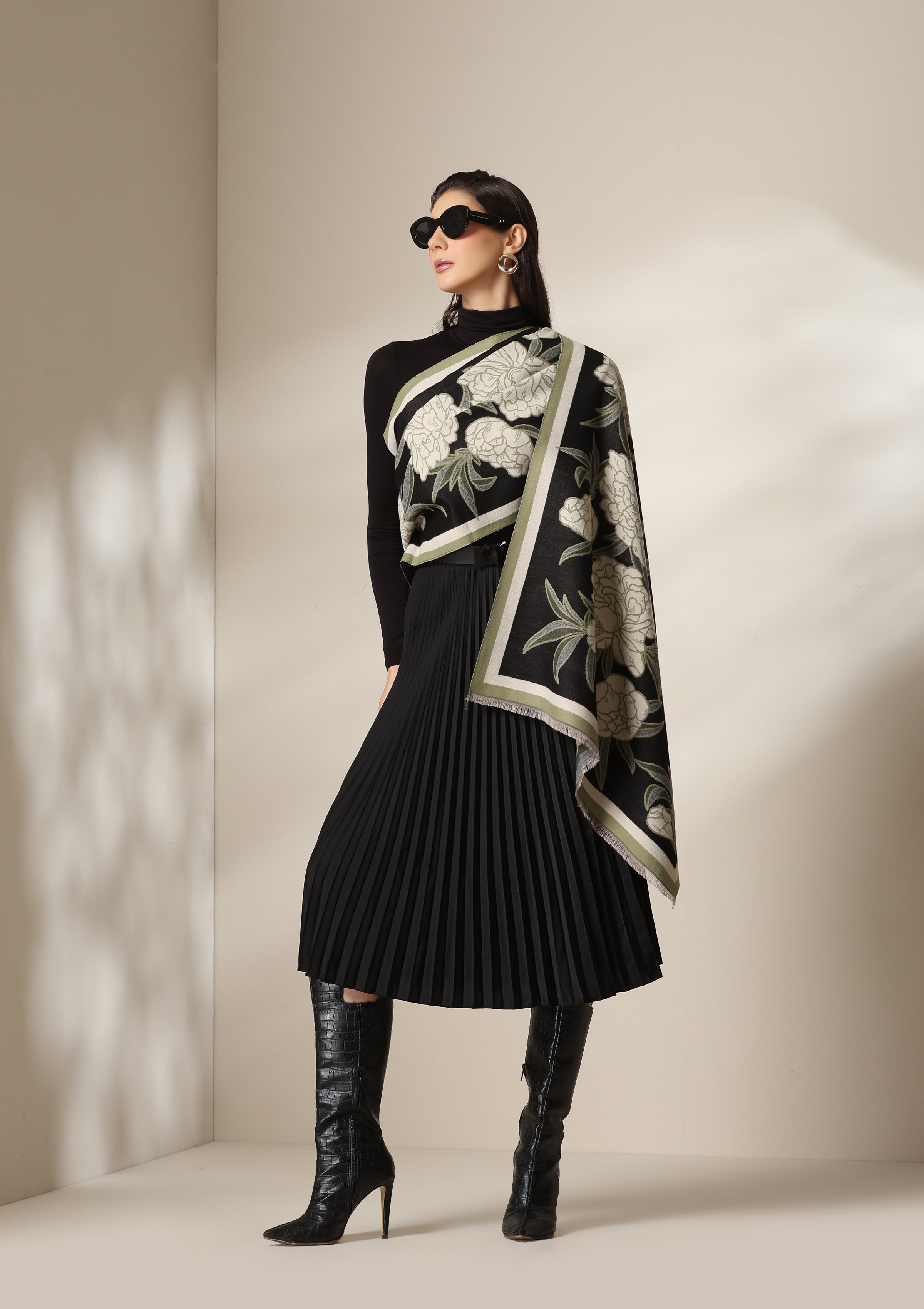Black Peony Garden Woven Cashmere Blend Shawl