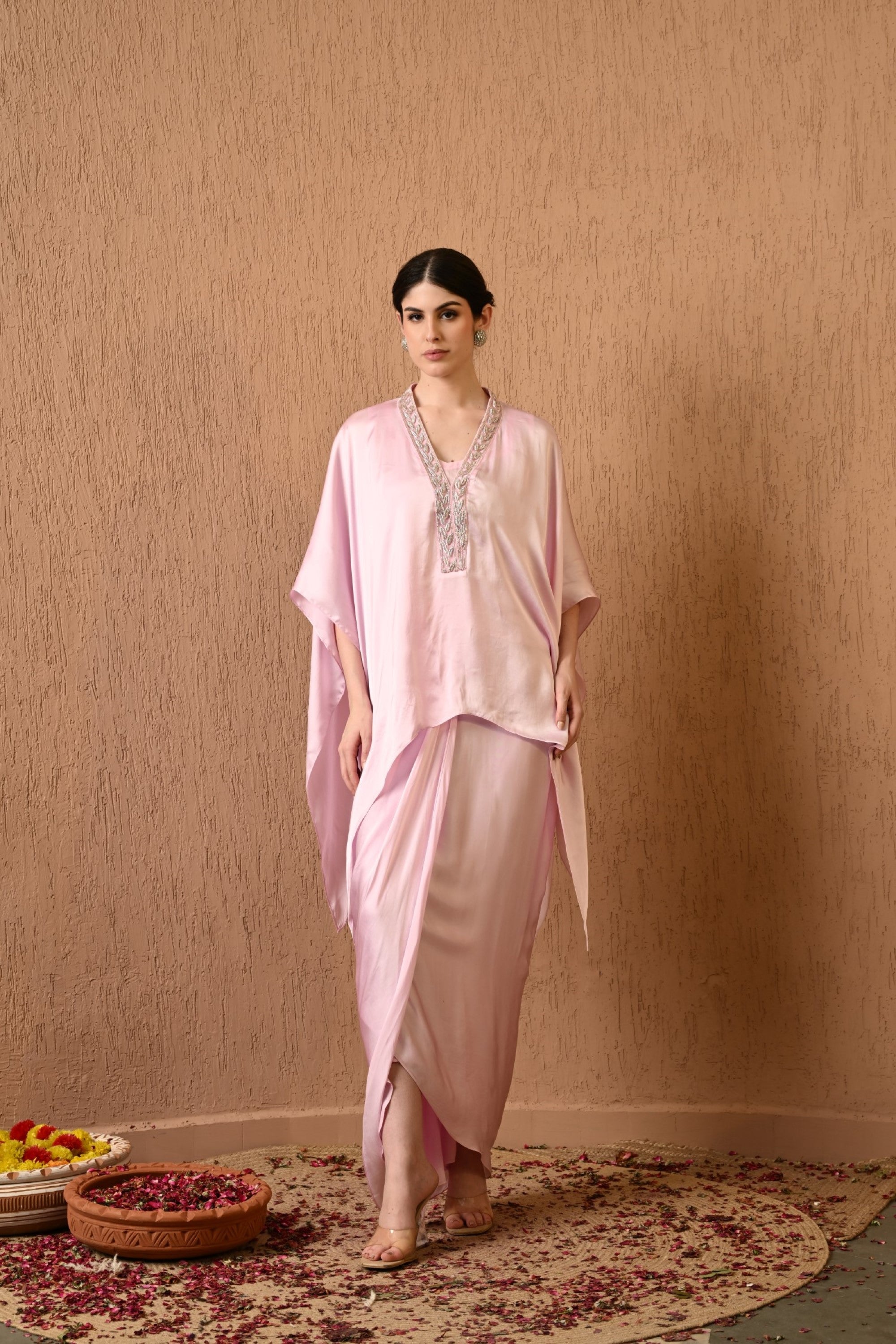 Pink Designer Kaftan With Draped Skirt