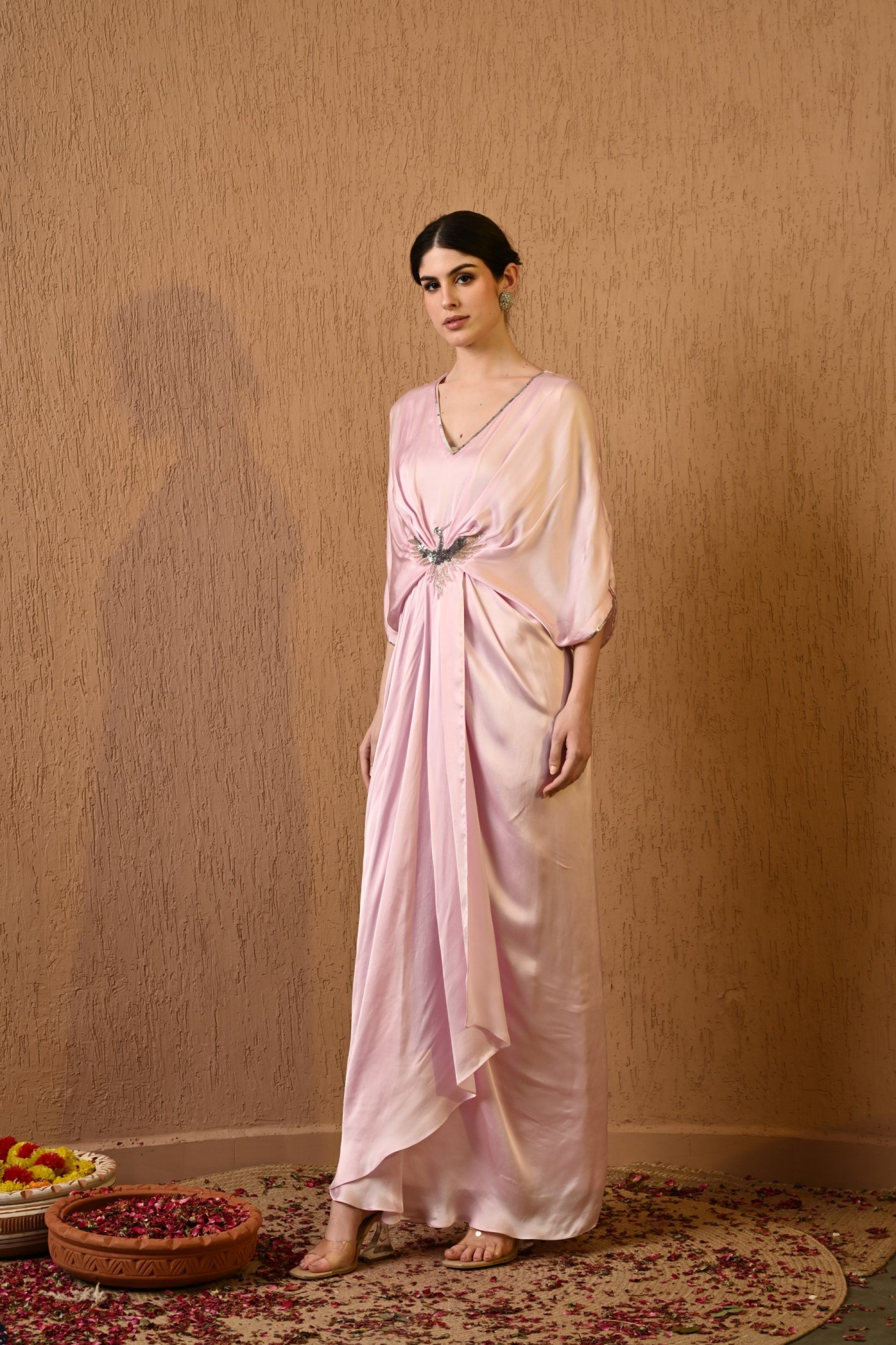 Pink V Neck Embroidered Kaftan