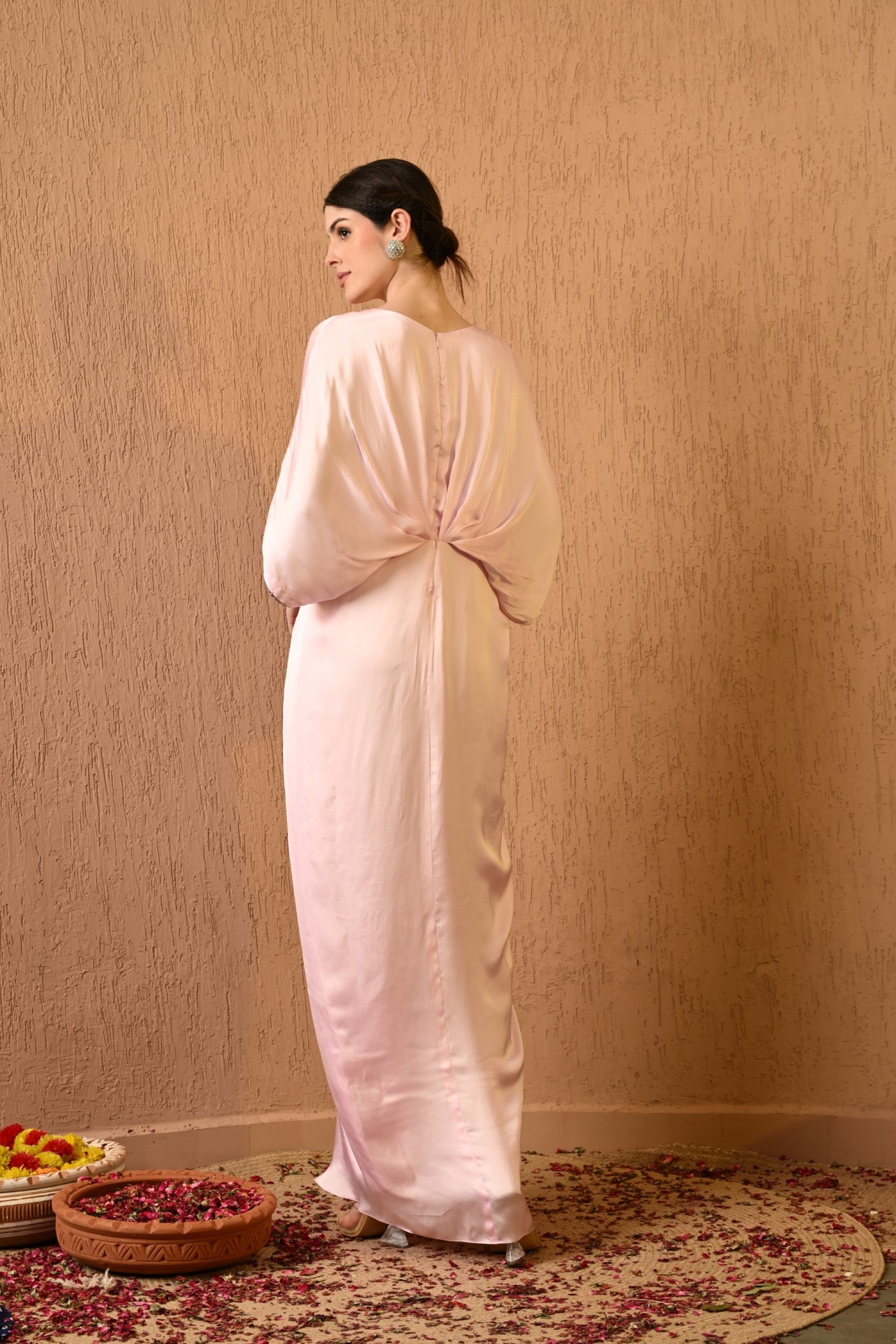 Pink V Neck Embroidered Kaftan