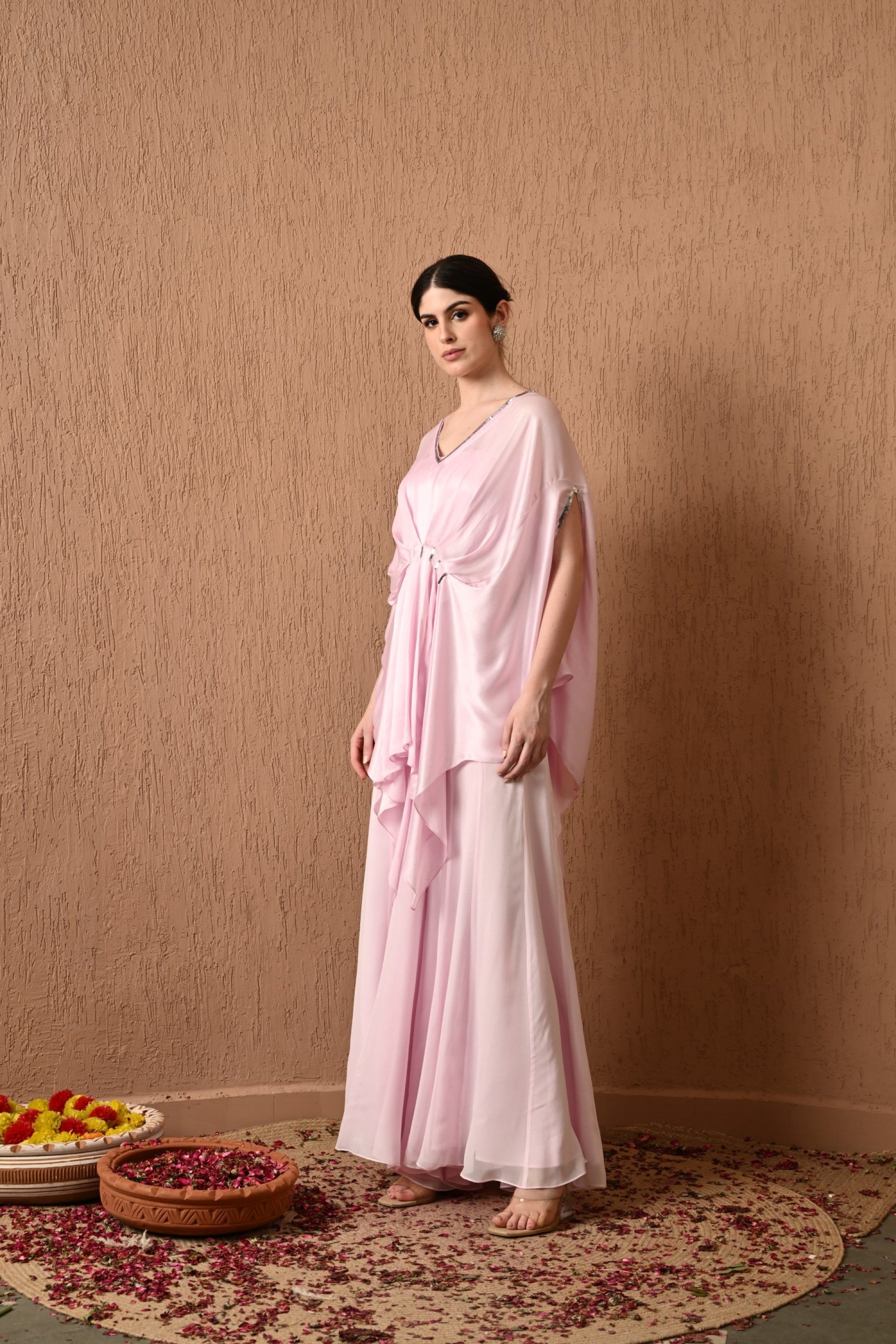Pink Embroidered Kaftan With Sharara