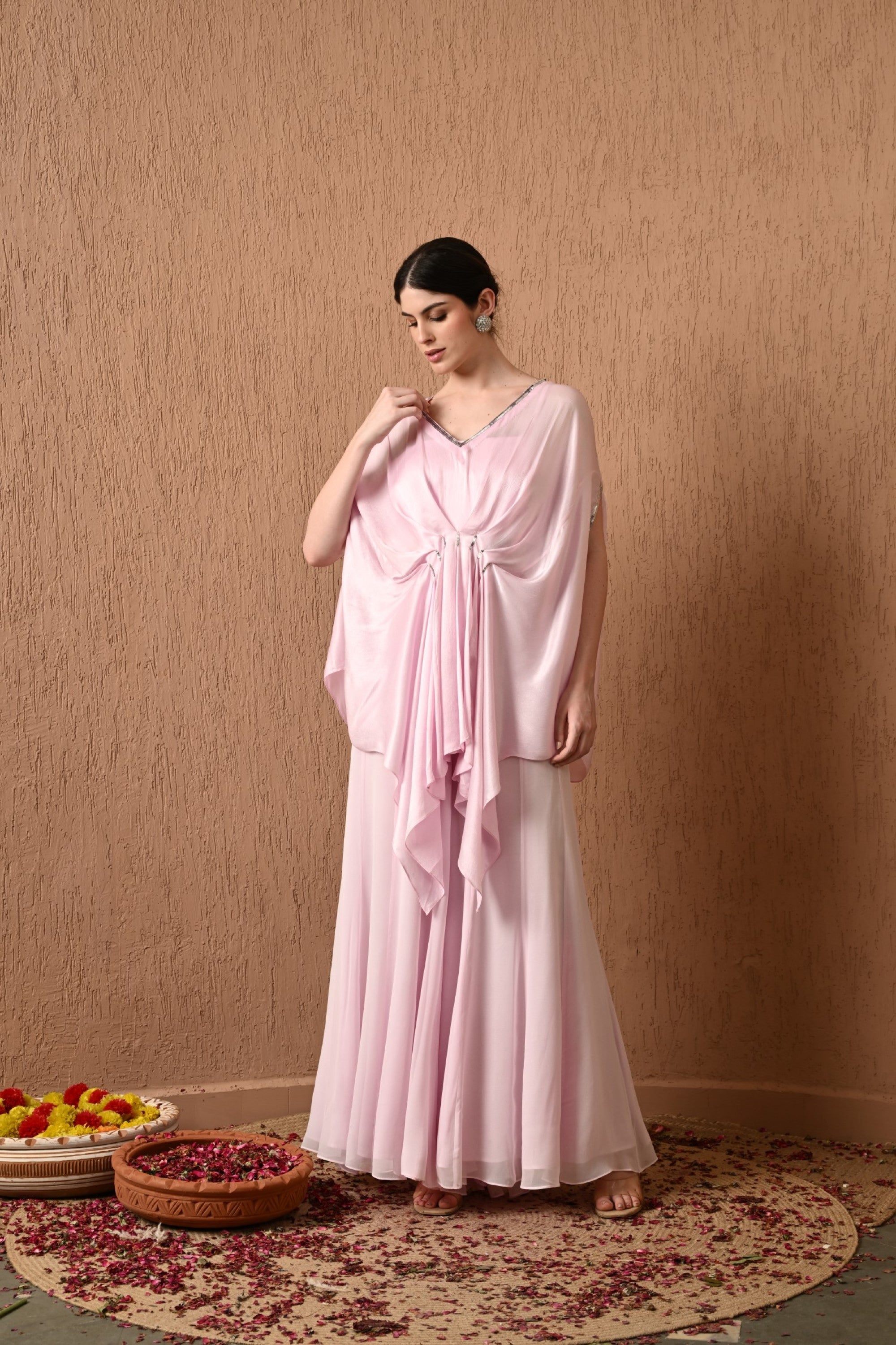 Pink Embroidered Kaftan With Sharara