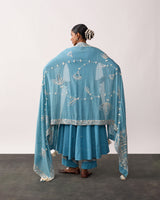 KITTUR RANI Blue Hand-spun Embroidered Dupatta