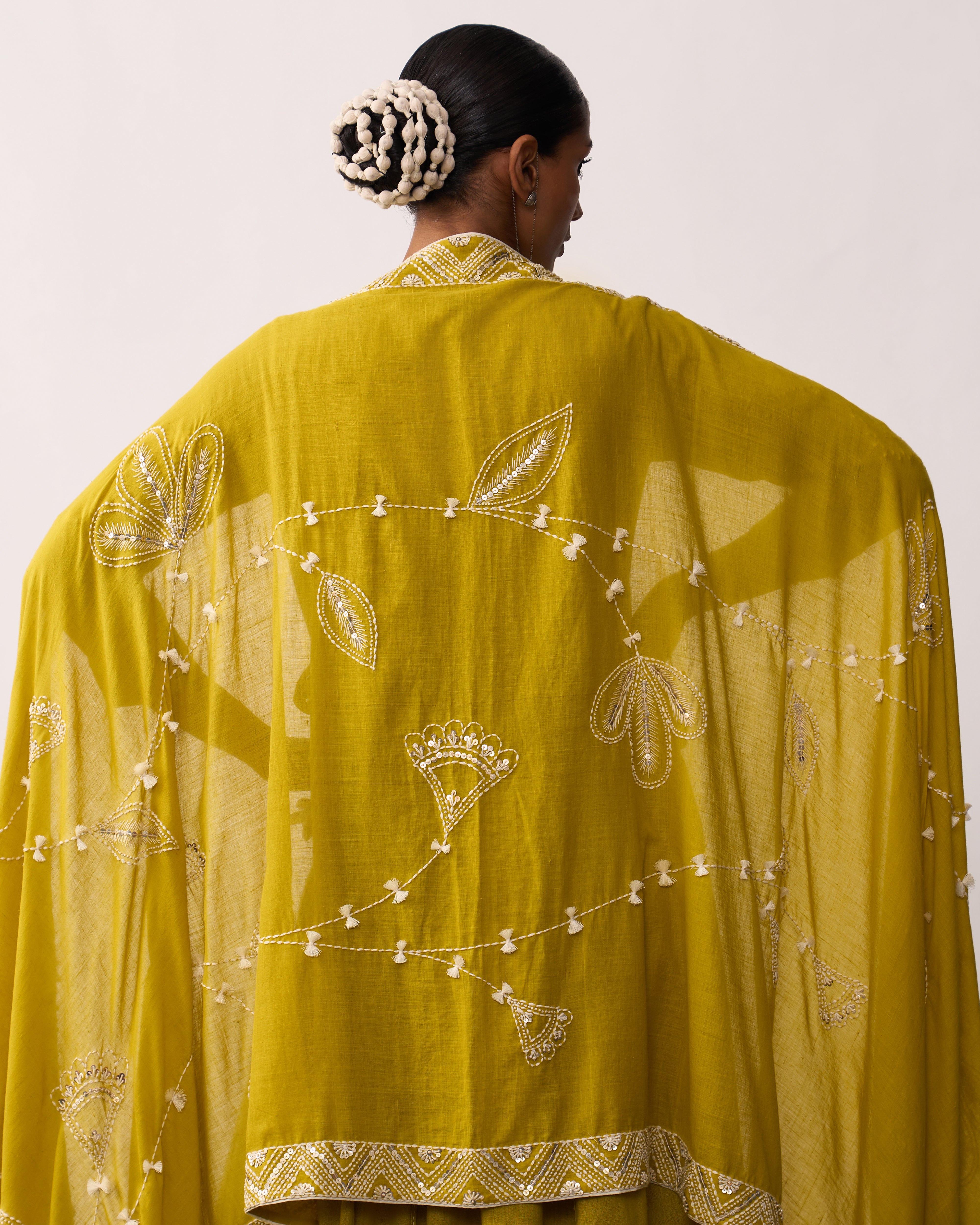 KITTUR RANI Yellow Hand-spun Embroidered Dupatta