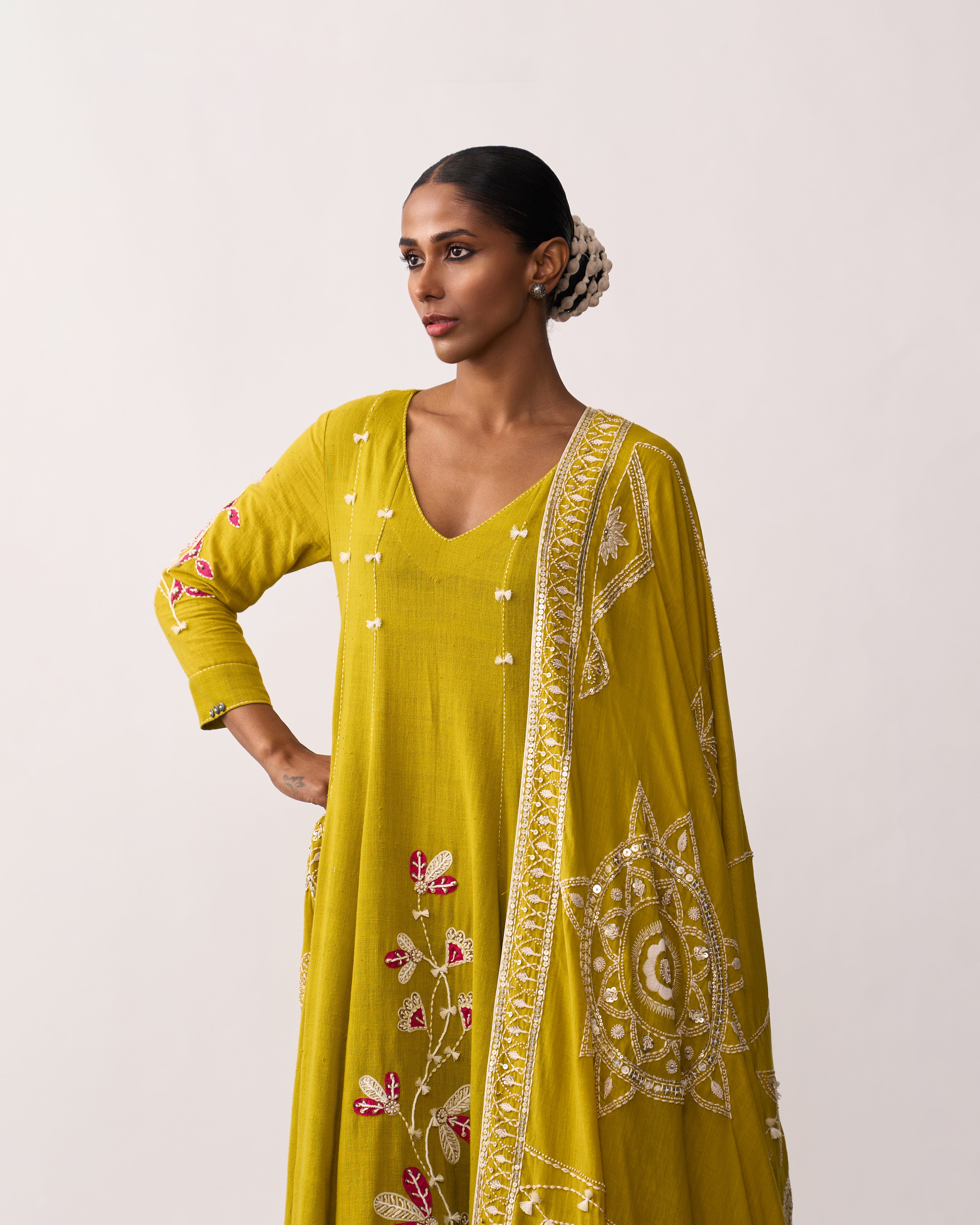RANI LAXMI Yellow Hand-spun Embroidered Dupatta