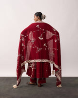 KITTUR RANI Red Hand-spun Embroidered Dupatta