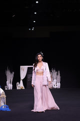 Peachy Pink Bralette and flare pants with embellished ajrakh patchworked jacket
