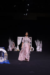Peachy pink Ajrakh embroidered blouse paired up with Dhoti and ruffled dupatta
