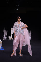 Peachy Pink ajrakh embellished jacket with cape dupatta and dhoti