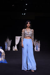 Powder blue ajrakh stripped jacket with embellished brallete and inverted pleated pants