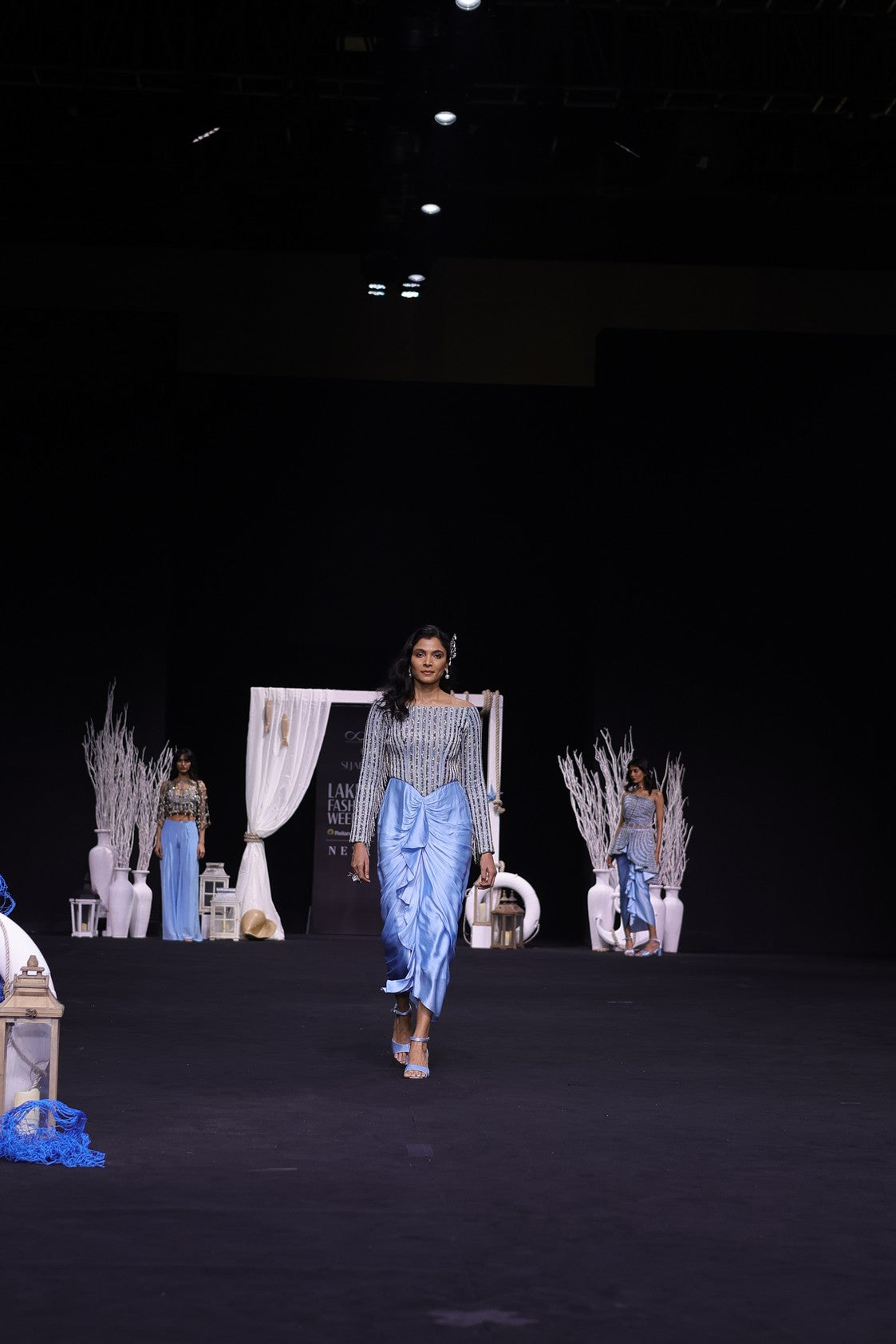 Powder blue embellished stripwork off shoulder drape dress