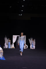 Powder blue embellished stripwork off shoulder drape dress