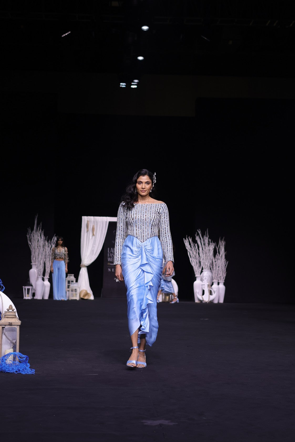 Powder blue embellished stripwork off shoulder drape dress