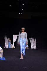 Powder blue embellished stripwork off shoulder drape dress