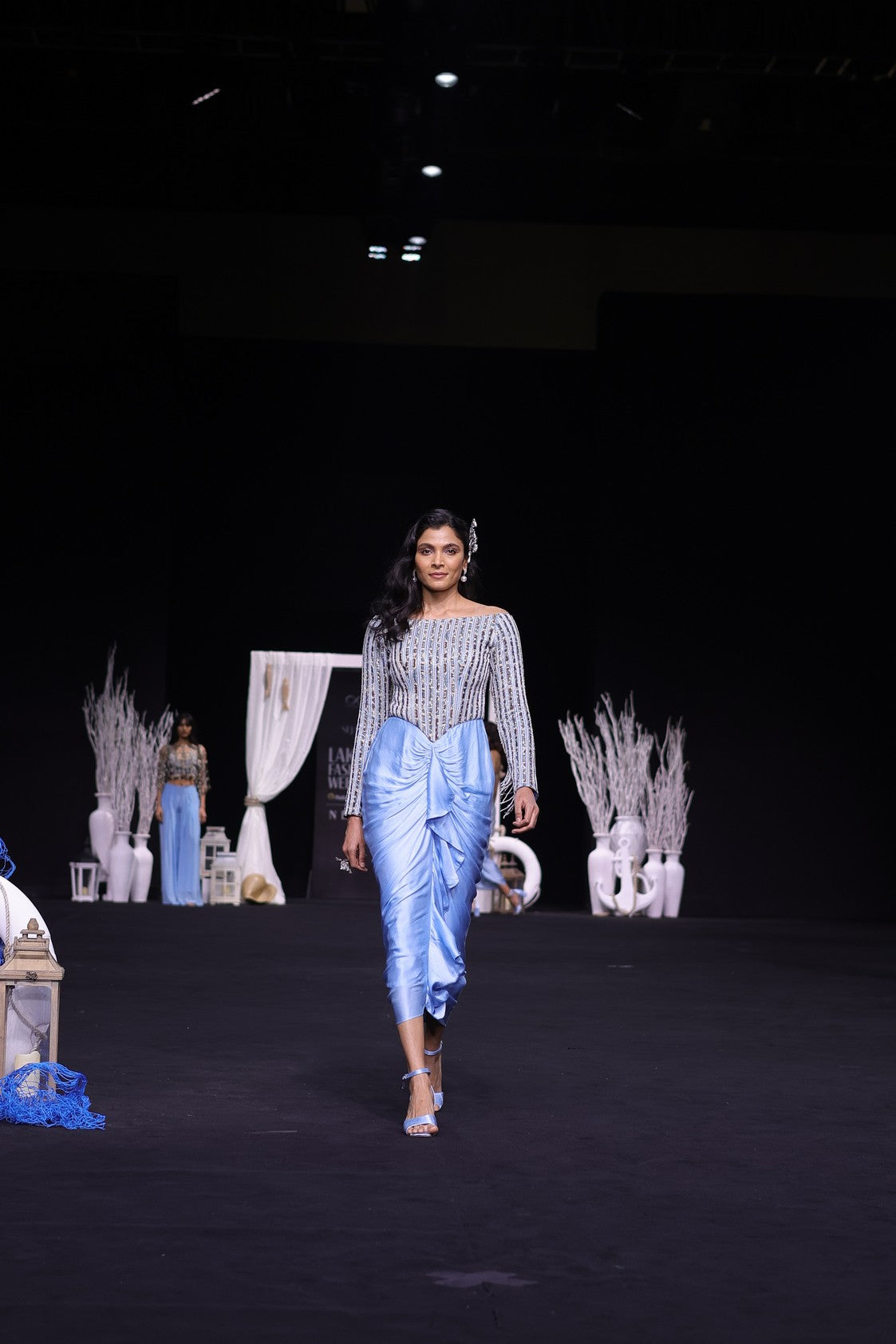 Powder blue embellished stripwork off shoulder drape dress