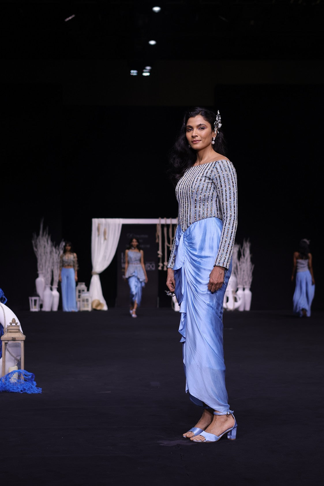 Powder blue embellished stripwork off shoulder drape dress