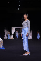 Powder blue embellished stripwork off shoulder drape dress