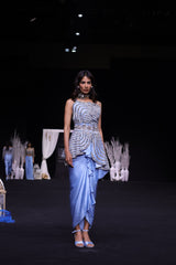 Powder blue ajrakh embroidered assymetric peplum top with Drape dhoti skirt