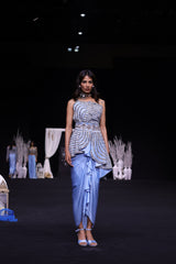 Powder blue ajrakh embroidered assymetric peplum top with Drape dhoti skirt