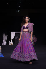 Dark purple Fully embellished Ajrakh lehenga and jacket with bralette