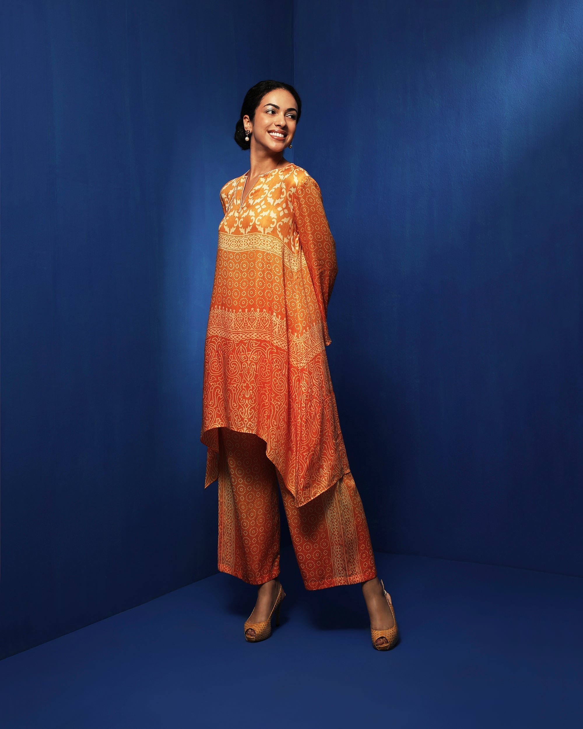 Orange ombre block printed tunic set