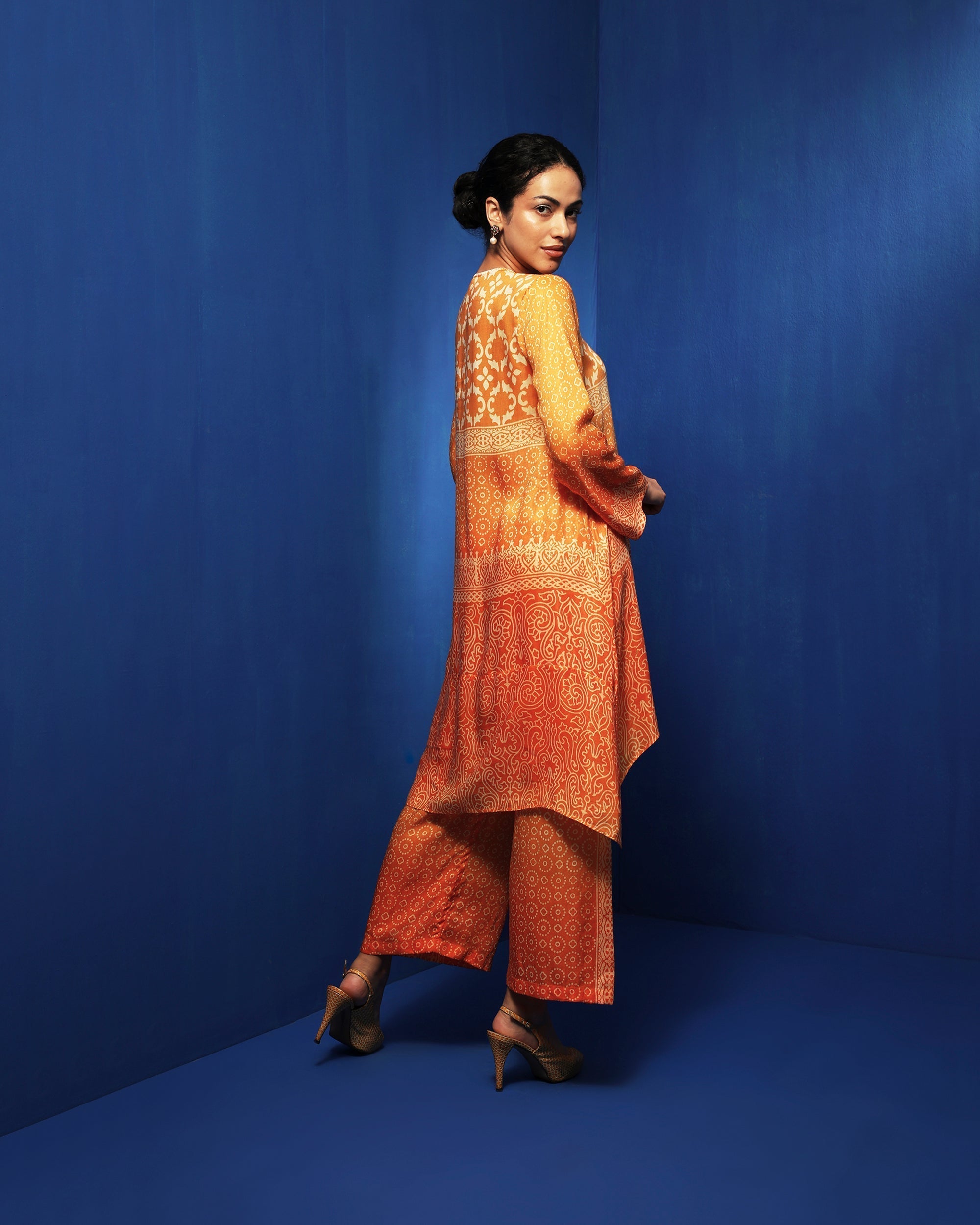 Orange ombre block printed tunic set