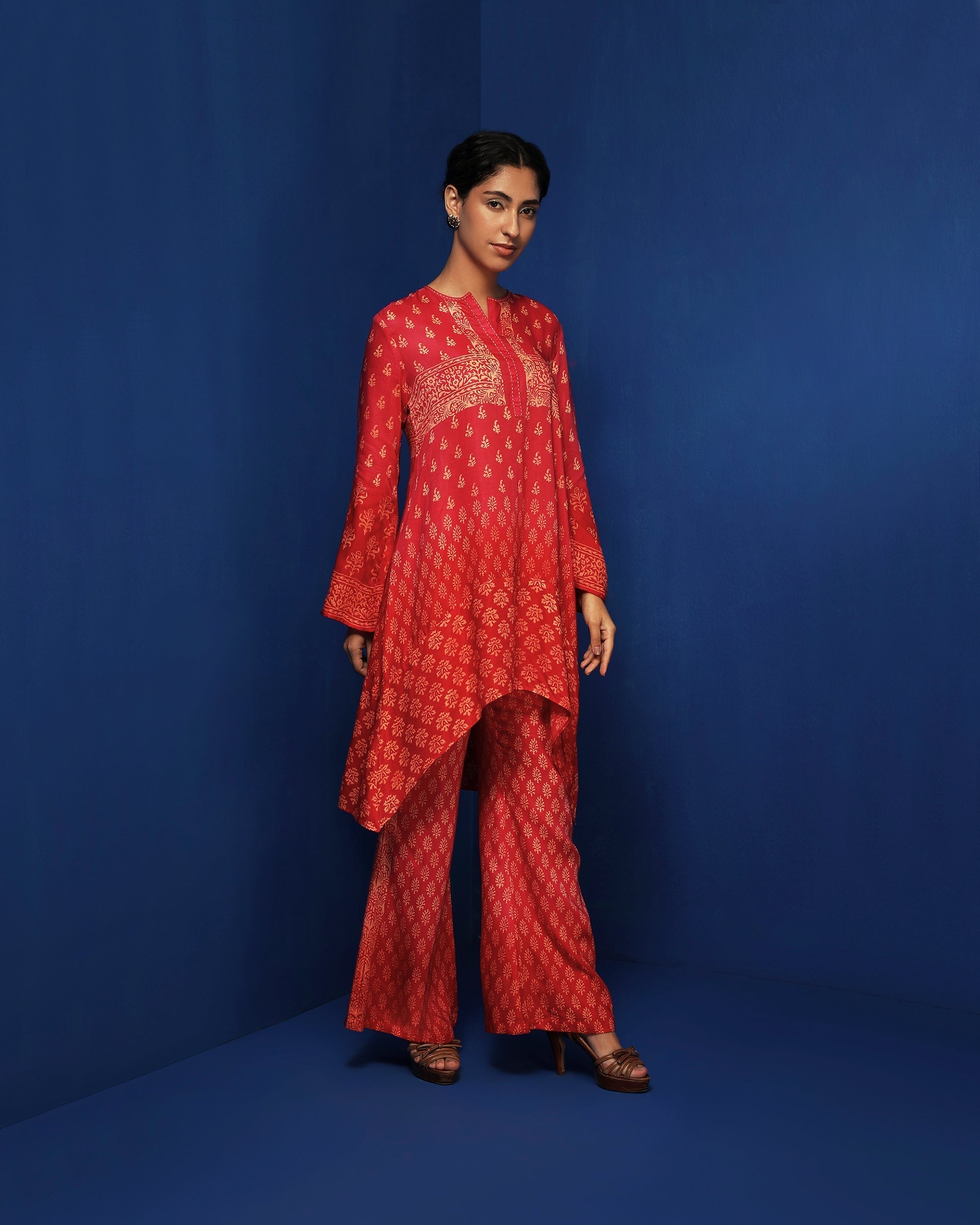Red ombre block printed tunic set