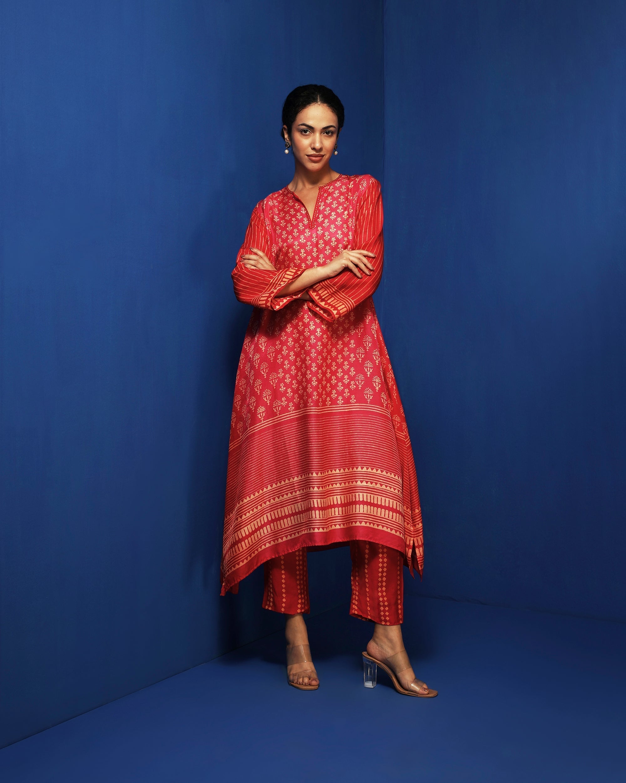 Red ombre block printed tunic set