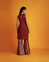 Maroon silk brocade bell bottom pants