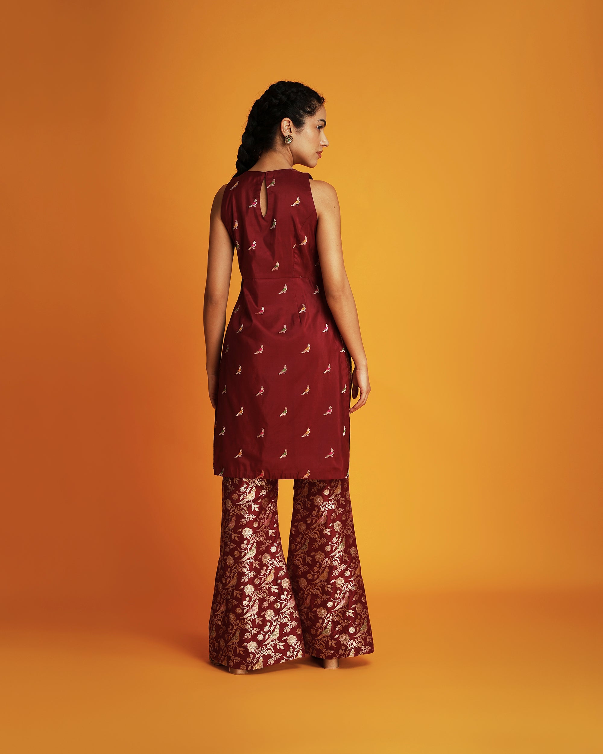 Maroon silk brocade bell bottom pants