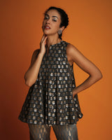 Charcoal grey  brocade silk swing top