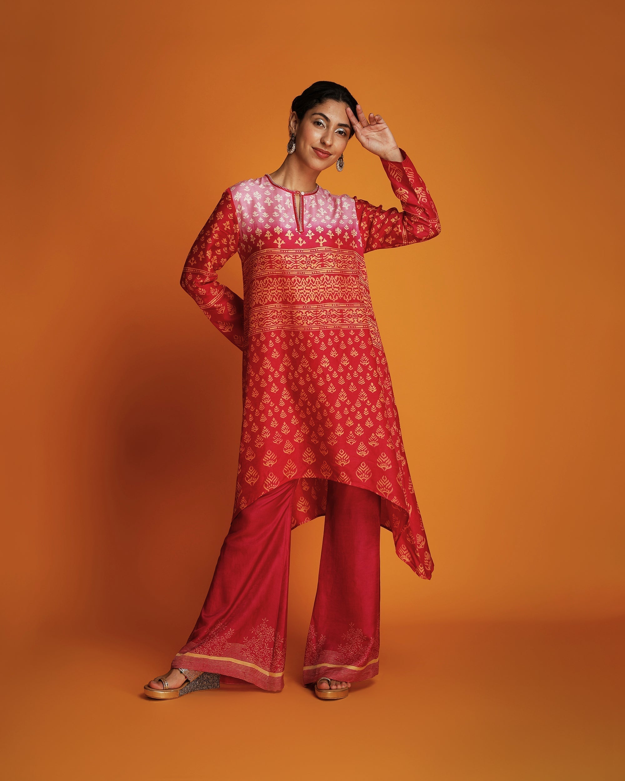 Pink to red ombre block printed tunic set