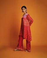 Pink to red ombre block printed tunic set