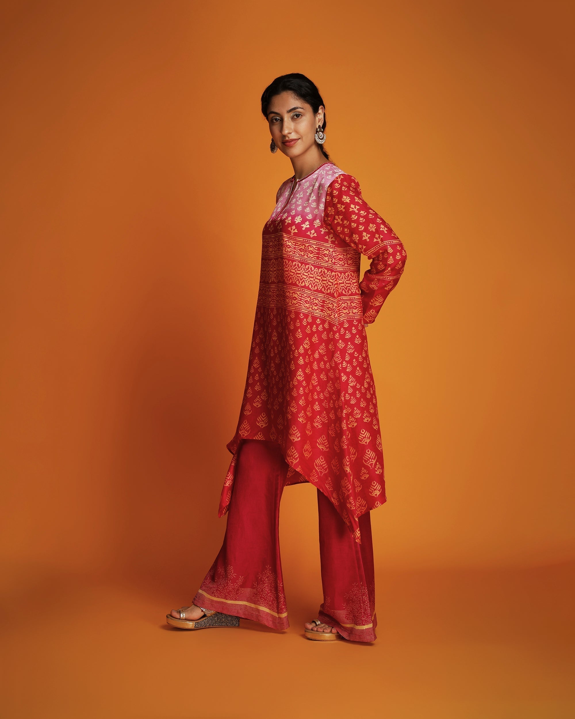 Pink to red ombre block printed tunic set
