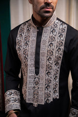 Black Embroidered Kurta in Satin Silk