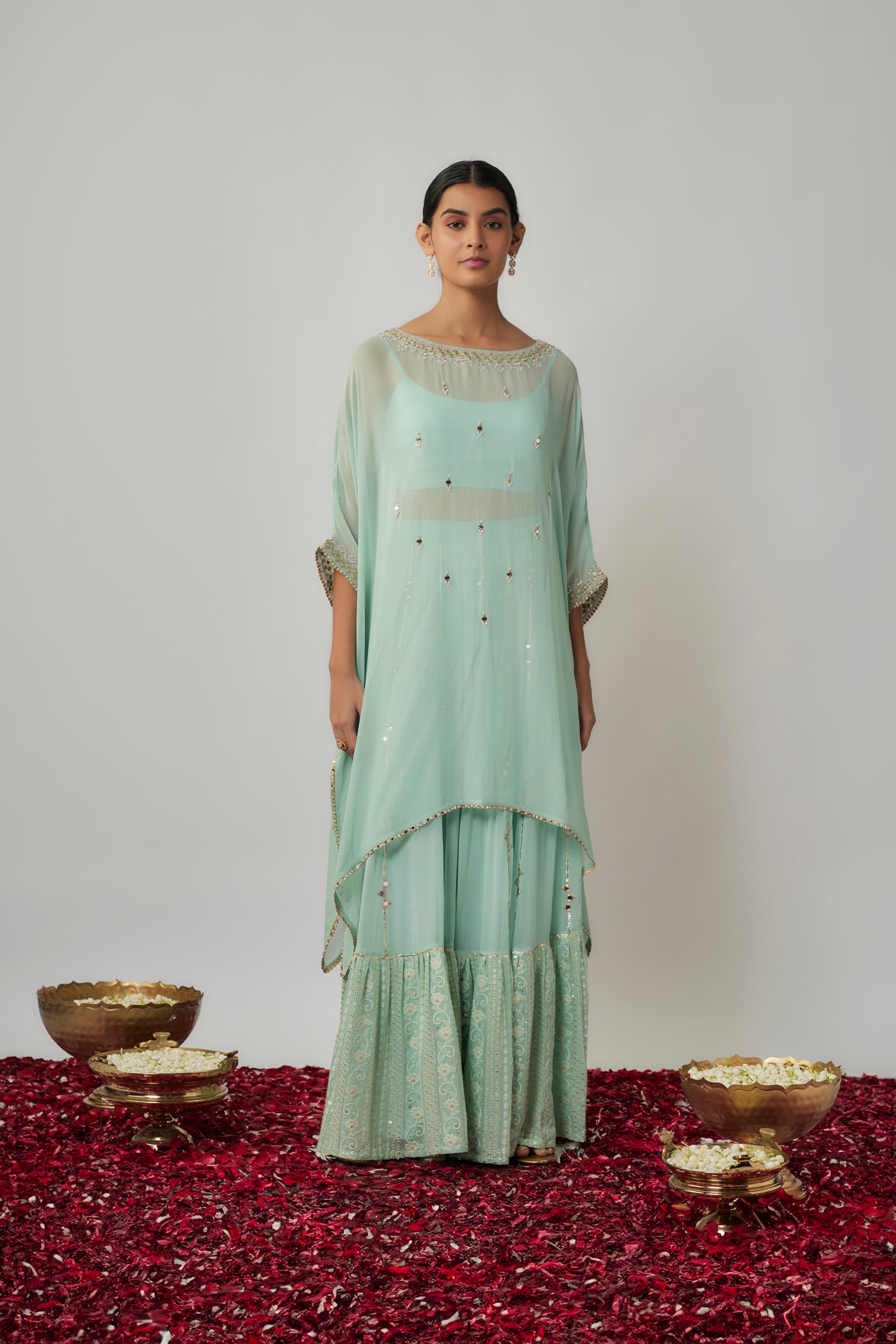 Mint sequin, mirror and thread embroidered georgette kaftan and sharara set