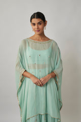 Mint sequin, mirror and thread embroidered georgette kaftan and sharara set