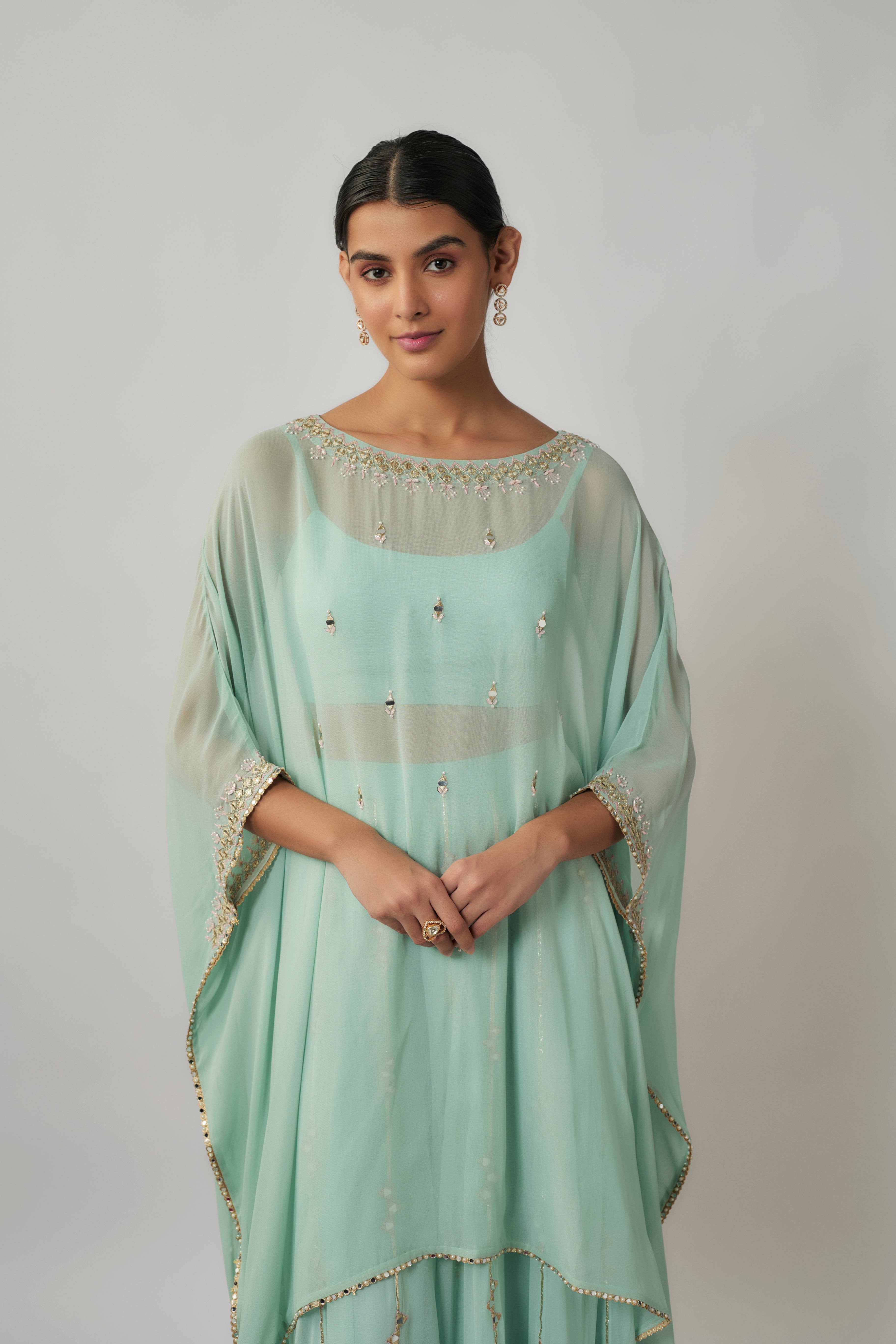 Mint sequin, mirror and thread embroidered georgette kaftan and sharara set