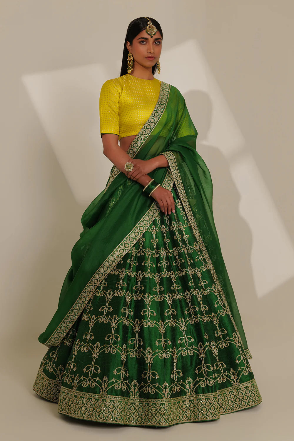 Raw Silk Hand Embroidered Lehenga with Kattan Silk Tilfi Blouse & Organza Dupatta