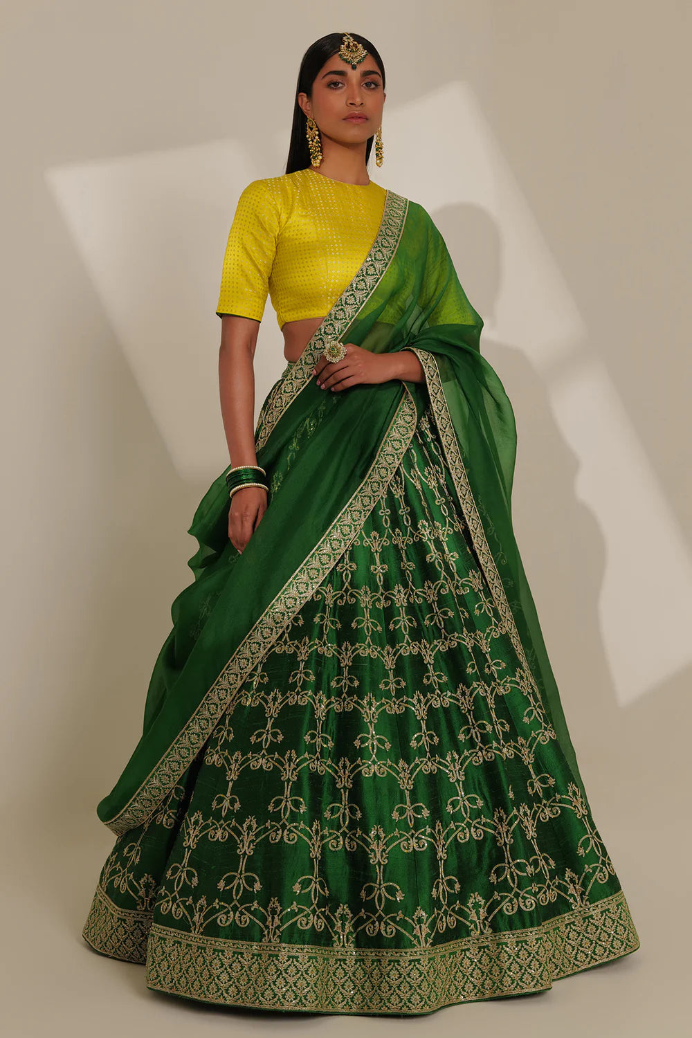 Raw Silk Hand Embroidered Lehenga with Kattan Silk Tilfi Blouse & Organza Dupatta
