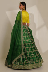 Raw Silk Hand Embroidered Lehenga with Kattan Silk Tilfi Blouse & Organza Dupatta