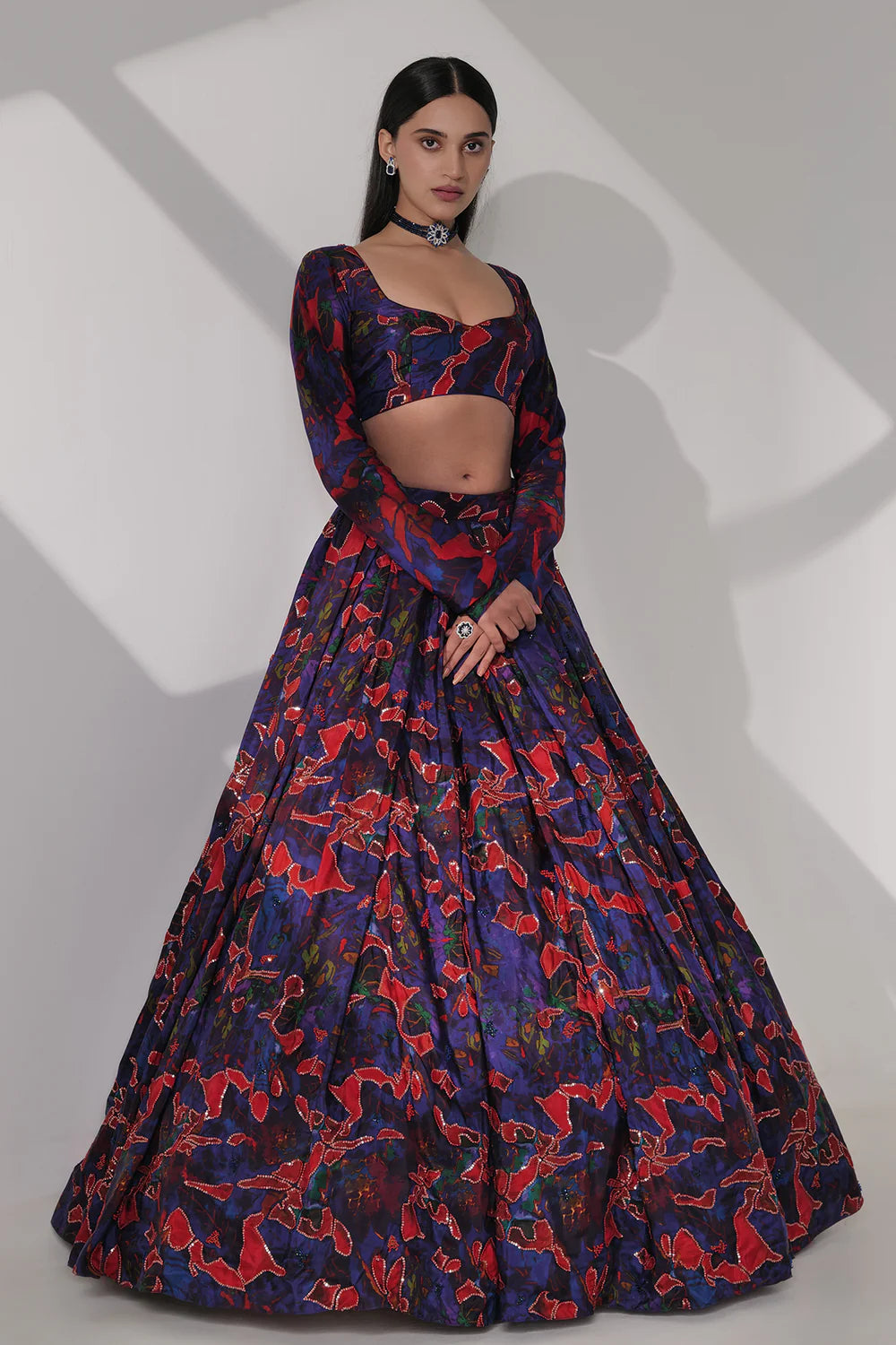 Habutai Silk Printed Lehenga & Blouse with Knotting Embroidery