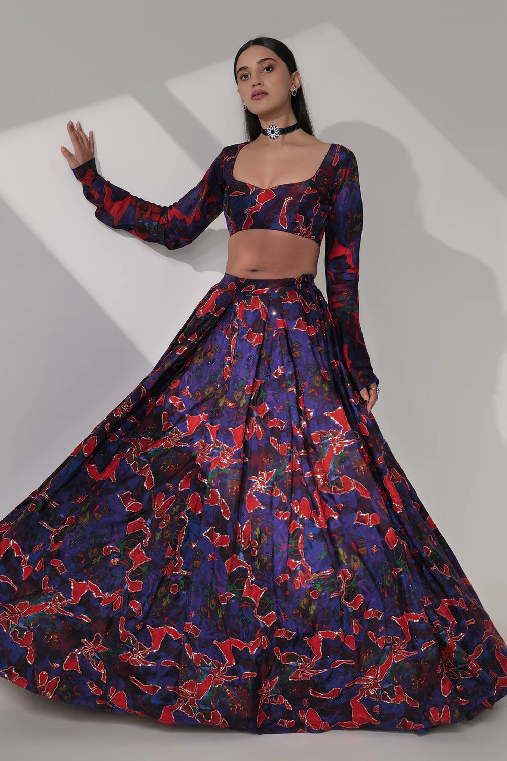 Habutai Silk Printed Lehenga & Blouse with Knotting Embroidery
