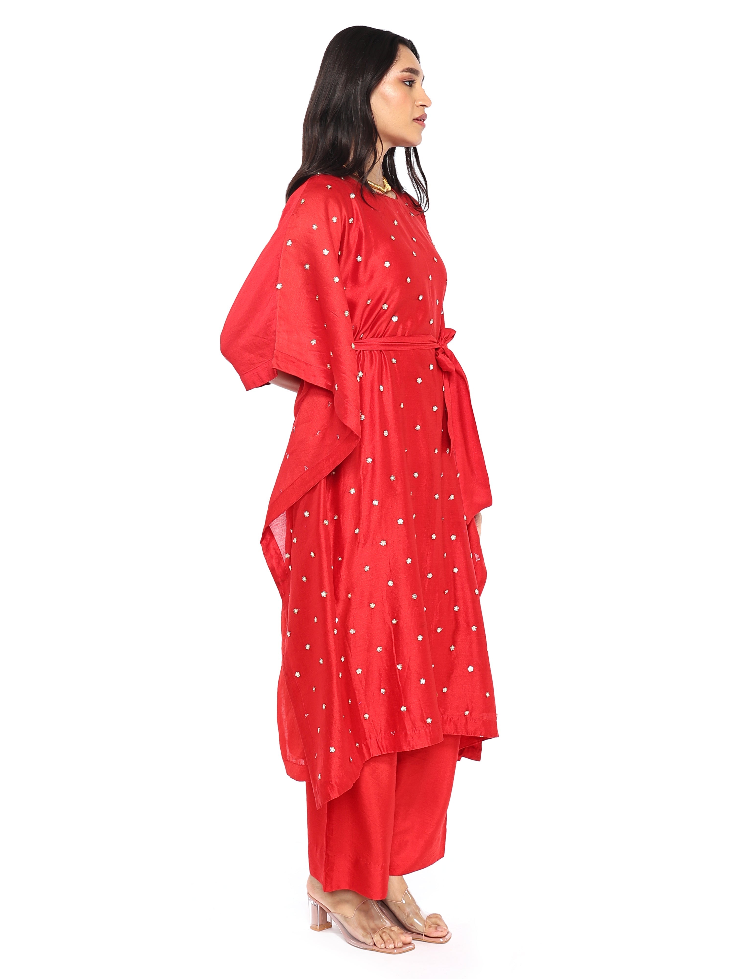 Knee length kaftan with pant and belt