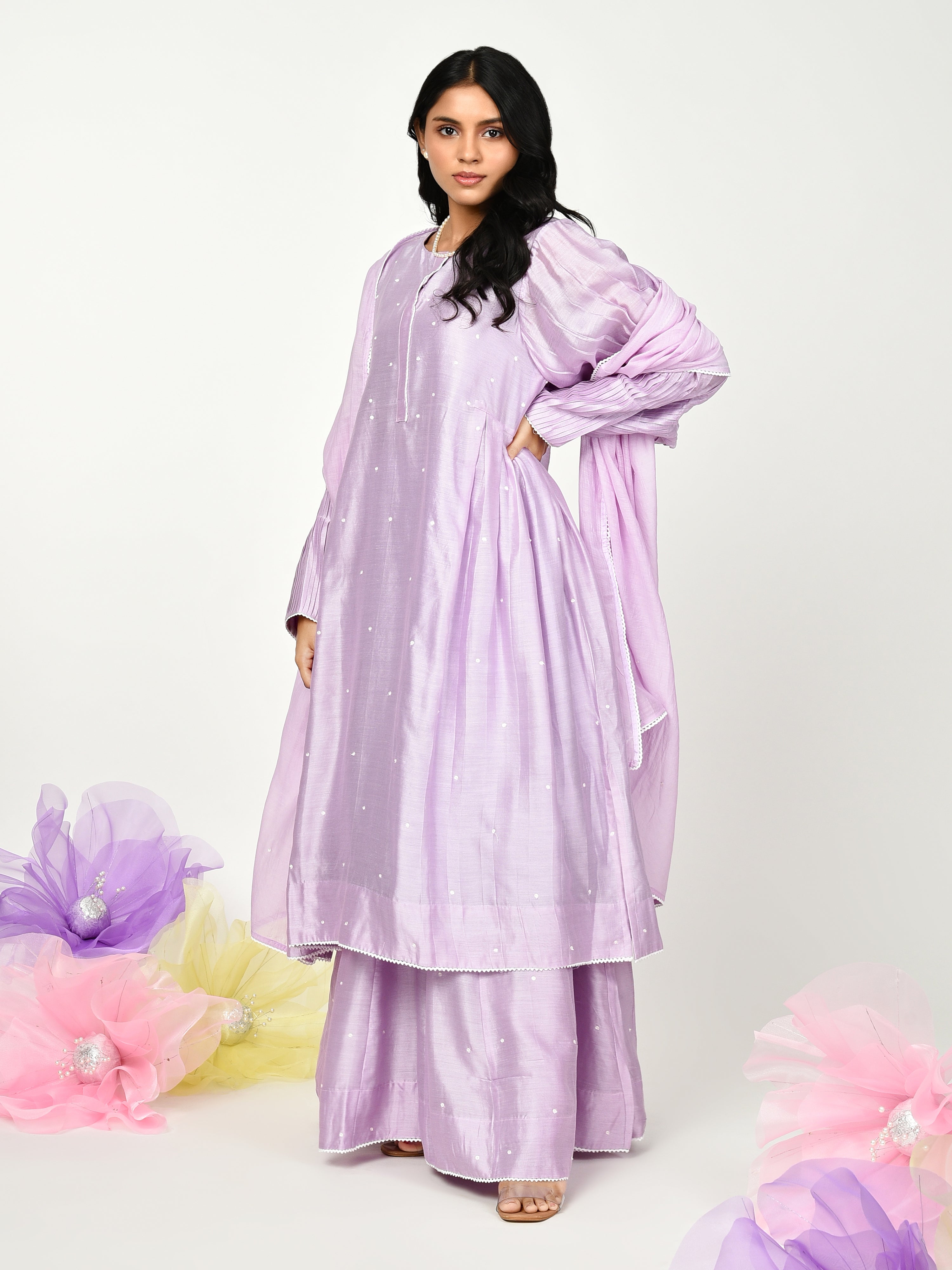 Purple Pleated Kurta Set