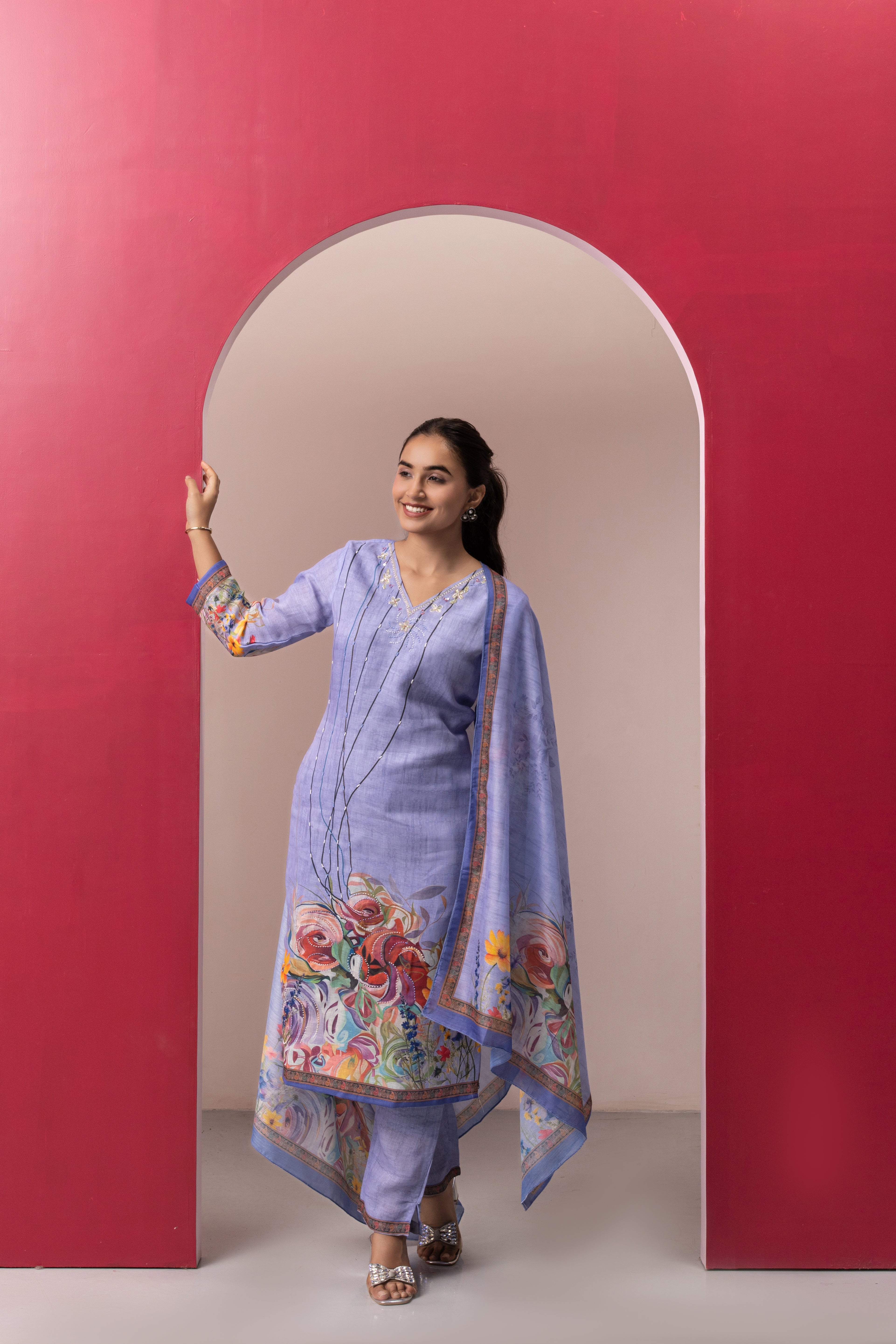 LILAC PRINTED COTTON LINEN KURTA SET