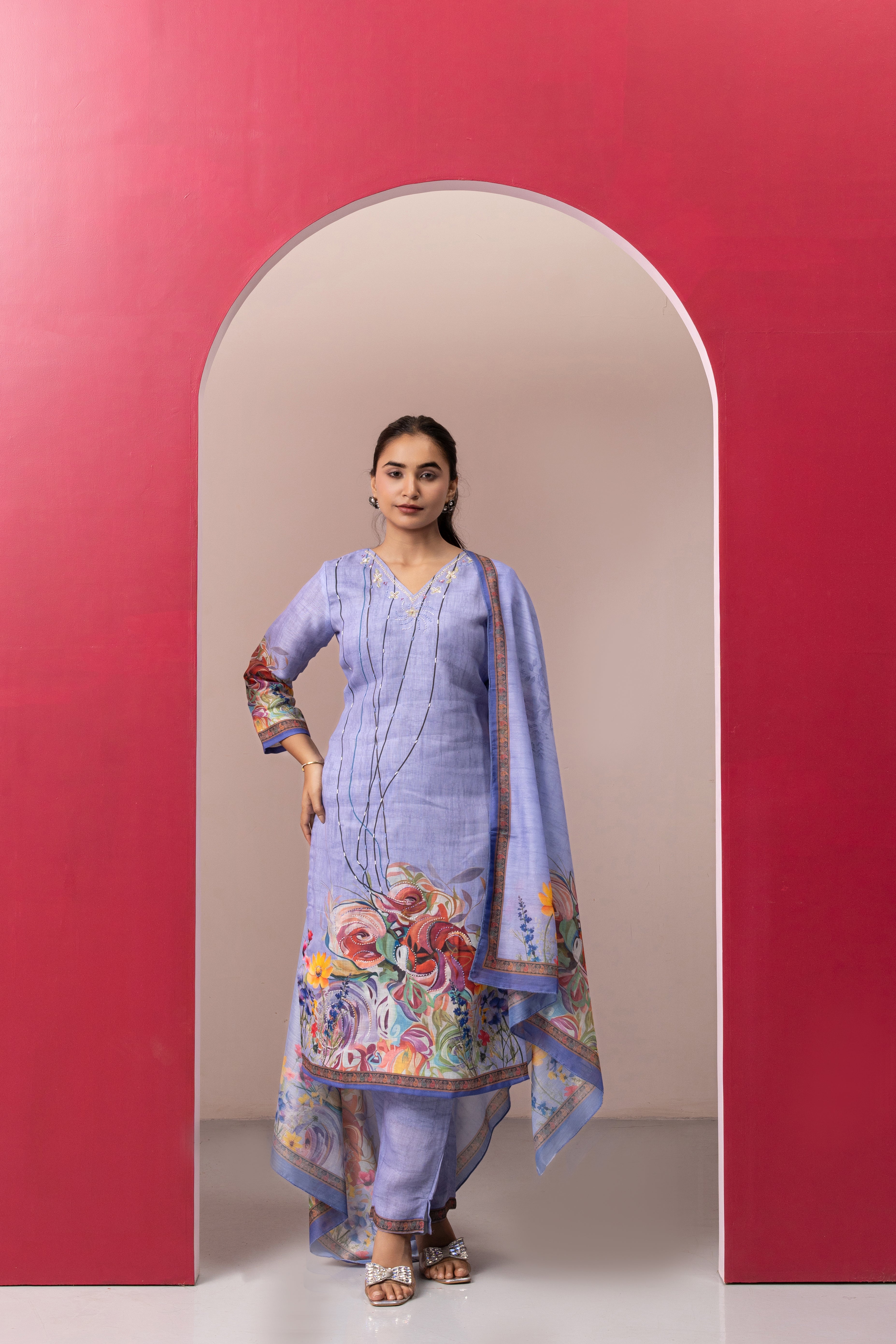 LILAC PRINTED COTTON LINEN KURTA SET