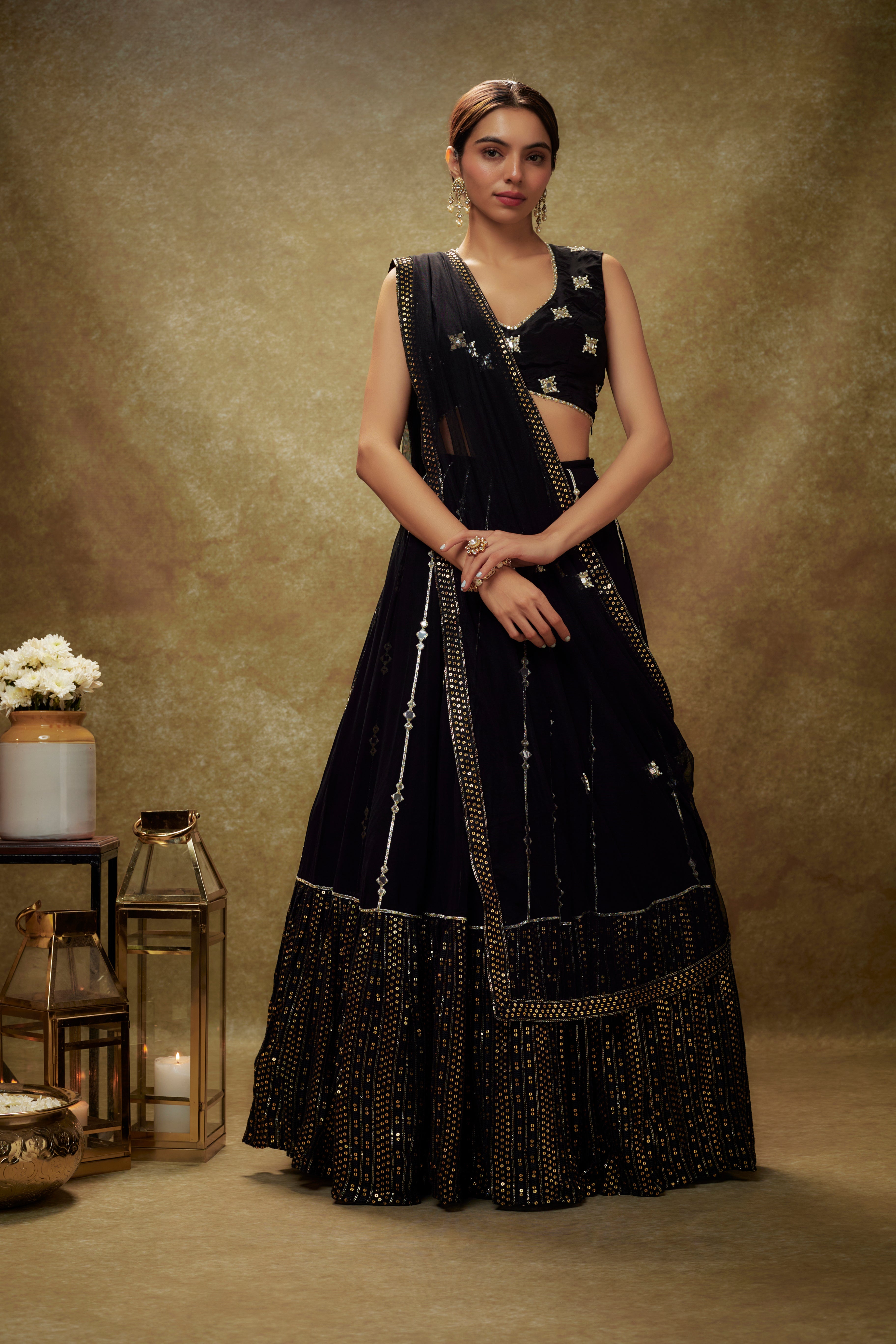 Black mirror work sequin  lehenga set